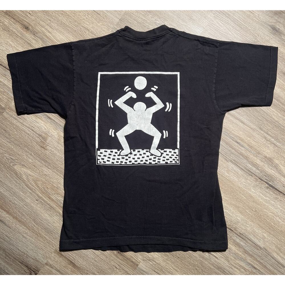Vintage 80s New York Urban Volleyball Keith Haring Pop Art T Shirt Black Large